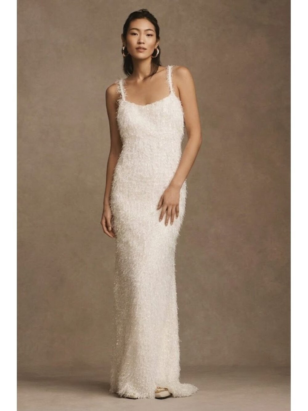 NWT TADASHI SHOJI Tessa Fringe Shag Slip Gown in Ivory Long Maxi Tank Dress M